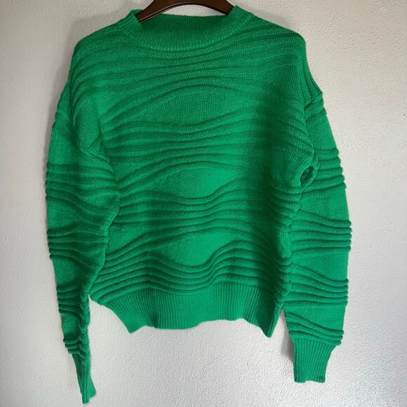 NWOT Beautiful Bright Green Long Sleeve Knitted Ribbed Sweater Crewneck Size M - Picture 1 of 6